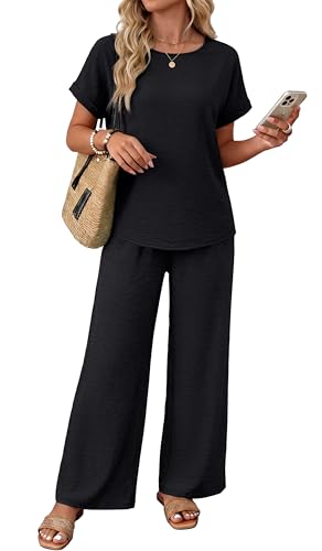 XIEERDUO Lounge Sets For Women Vacation Outfits Two Piece Sets Linen Pants Summer Set Linen Shirts Resort Wear 2026 Airport Travel Outfit Track Suits For Women Set Business Casual Black L