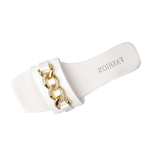 Women's Flat Sandal Metal Decorate Open Toe Slides Summer Casual Fashion Cozy Leather Slipper for Beach Shower Walking