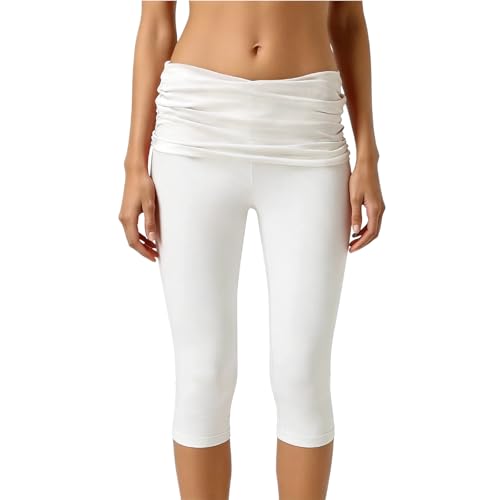 Leggings deportivos para mujer 3/4 pantalones cortos anticelulitis push up pantalones de yoga opaca verano coral Foldover Pants Teal Pants Leggings Capri Corto para mujer, blanco, XS