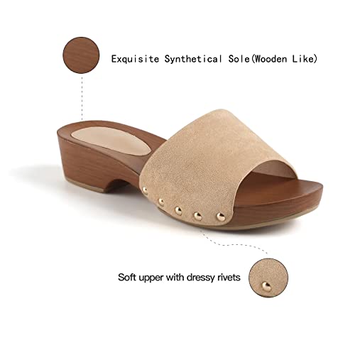 Musshoe Flat Sandals For Women Wooden Open Toe Sandals Women Dressy Summer Flat With Round Rivets Beige 8 #TOP1