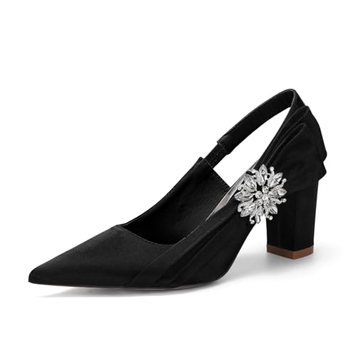 Genérico Zapatos de Novia Mujer Satinados Color Marfil con Lazo Joya, Tacón Ancho 8,5 cm y Diseño Slingback Elegante de Punta Fina,Negro,38 EU