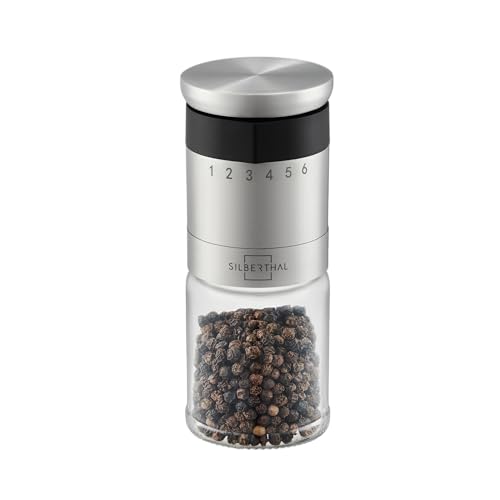 SILBERTHAL Molinillo de pimienta y sal - Ajustable a 6 niveles - Muela cerámica - Tapa hermética y cristal apto para lavavajillas