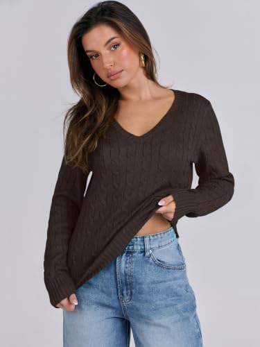 Image of ANRABESS Women's Cable Knit V Neck Fitted Sweaters