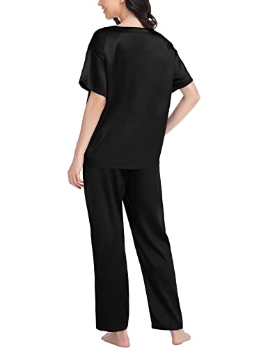 Swomog Silk Pajama Set For Women Two Piece Satin Short Sleeve And Long Pant Pajama Set Summer Sleepwear Silk Pj Sets Black S #TOP4