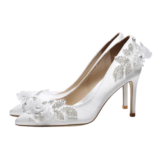 Bridal high Heel Pumps Rhinestone Stiletto White Silk Women's Shoes Medium Heel Shoes Low Heels2