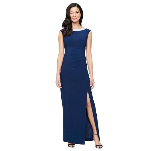 Alex Evenings Women's Long Jersey Dress with Ruched Front and Embellished Neckline (Petite and Regular Sizes)