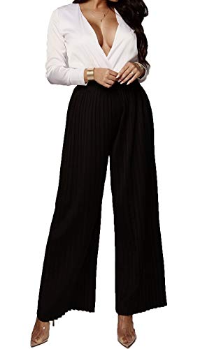 HZSONNE Women's Lightweight Flowy Elastic Waist Lounge Long Pleated Draped Wide Leg Leisure Pants Loose Trousers Pantskirt Black