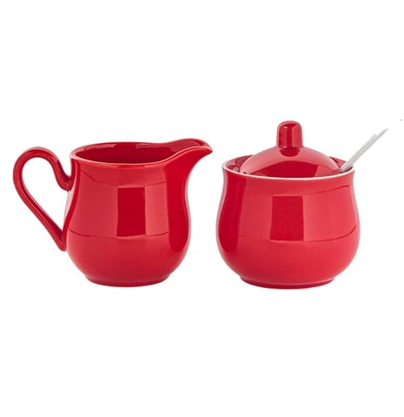 Juego de lechera y azucarero de porcelana 2 piezas con tapa y cuchara | Accesorios de café modernos, for el hogar y la restauración, aptos for lavavajillas.(Red,240ml)