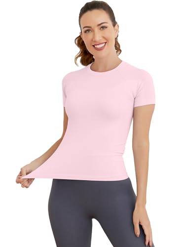 Image of MathCat Workout Shirts for Women, Workout Tops for Women Short Sleeve, Seamless Yoga Shirts, Breathable Athletic Gym Tops Slim Fit Pale Pink, X-Small