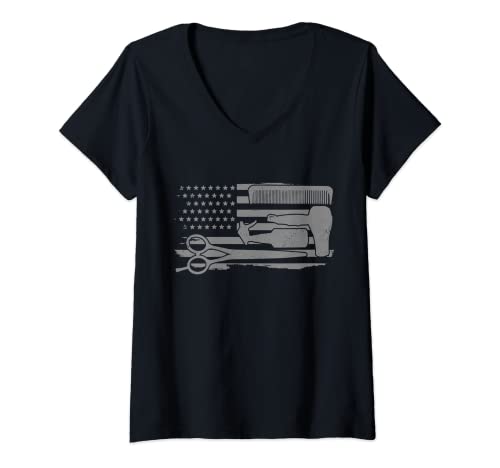Mujer Peluquero regalo de peluquero bandera americana patriótica peluquero Camiseta Cuello V