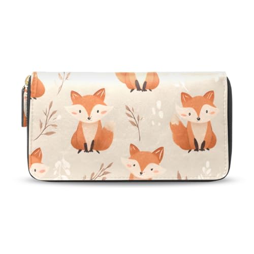 Long Wallets Leather Bifold Wallet for Women Orange Fox with Zipper Credit Card Holder Large Capacity