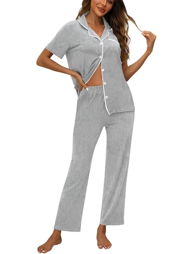 Image of ZMJ Womens Pajamas Sets 2 Piece Lounge Set Short Sleeve Shirt with Long Pant Pj Sets Button Down Sleepwear Outfits Light Heather Grey XXL