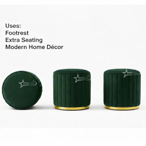 Image of Upholstered Round Linen Strip Stool Living Room Foot Rest Office Stool Pouf Ottoman Padded Seat - Green