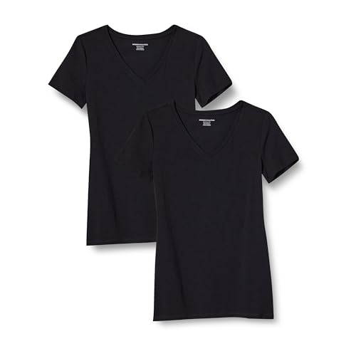 Amazon Essentials Women's Classic-Fit Short-Sleeve V-Neck T-Shirt, Pack of 2, Black, X-Small