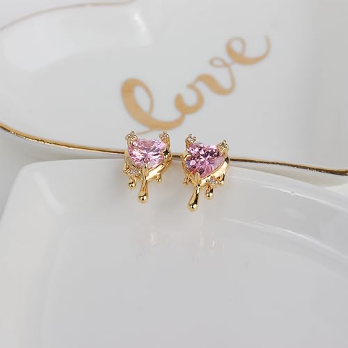 Jean Beau Jeanbeau Pink Crystal Heart Gold Valentine Stud Earrings For Women Teen, Small Cute Rhinestone Cubic Zirconia Love Heart Earing Wedding Prom Holiday Jewelry Gift thumb #3