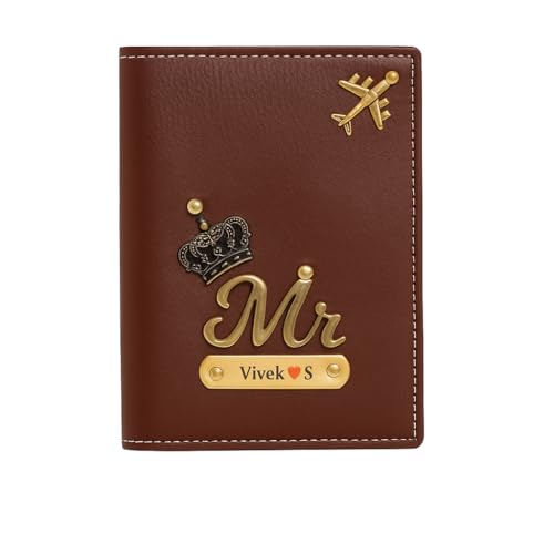 Image of Personalized Mr and Mrs Couple Passport Cover Set, Brown Leather, Travel Accessories with Airplane Design and Crown Embellishments (Single Passport Cover)