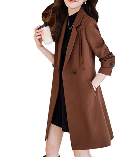 Women Suit Jacket Solid Color Double Breasted Mid Long Windproof Outerwear Formal Office Blazer