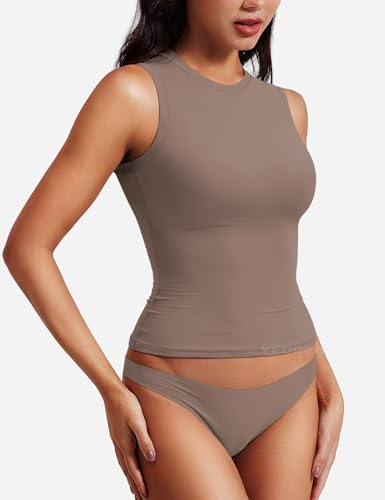 Image of YEOREO Women Basic Mock Neck Workout Crop Top Sleeveless Double Lined Tank Tee Slim Fitted Ruched Going Out Camisole