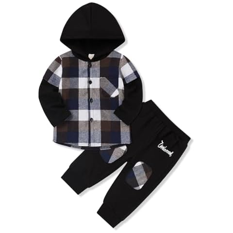 Fuermos Toddler Baby Boys Clothes Plaid Pocket Long Sleeve Hoodie Sweatshirt + Pants Fall Winter Outfits Set Cover