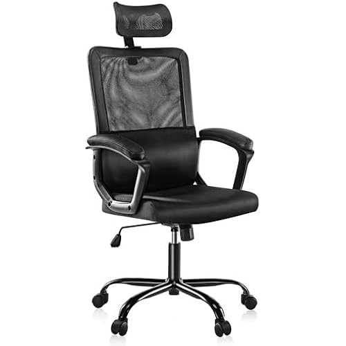 OLIXIS Ergonomic High Back Office Chair – Breathable Mesh with Adjustable Headrest and Lumbar Support, Executive Padded Armrest, Height Computer Task Swivel Rolling, Black (WY56597BK)