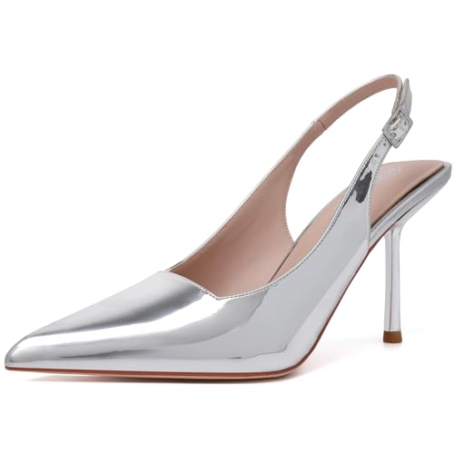 Image of RIBONGZ Sexy Slingback Pumps Elegant Dressy Heels for Women Closed Toe Pointy High Heels Wedding Bride Prom Party Evening Shoes