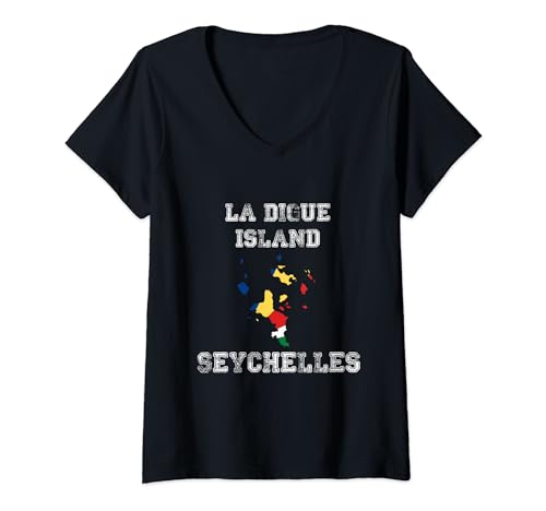 Femme La Digue Island Seychelles Carte vintage Drapeau des Seychelles T-Shirt avec Col en V