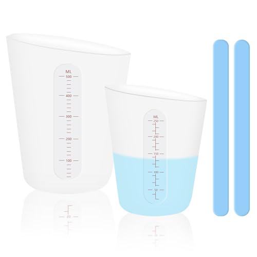Silikon Messbecher Krüge, 500ml/250ml Epoxidharz Mischbecher mit Skala Clear, Silicone Measuring Cups Mit Mischstabfür Epoxidharz Gießformen, DIY Handmade, Basteln, Labor, Küche (4)