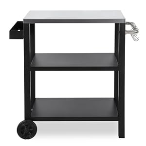 Eikuavons Grilltisch, Grillwagen, Grilltisch Outdoor, Küchenwagen mit Zwei höhenverstellbaren Ablagen mit Gewürzregal und 6X Haken, Grillwagen auf Zwei Rädern, Tischplatte aus Edelstahl, 84x67x41cm