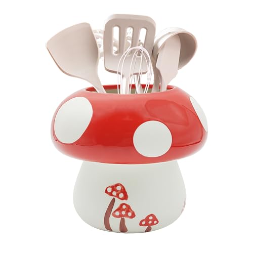 MaoYaMao Mushroom Kitchen Utensil Holder for Countertop Mushroom Decor Ceramic Cooking Utensil Crock Large Spatula Holder Utensil Organizer Kitchen Decor