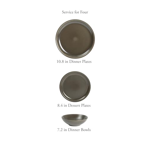 Image of Gibson Elite 12 Piece (Service for 4) Lakecrest Plates and Bowls Reactive Glaze Round Dishes Stoneware Ceramic Dinnerware Set - Dark Green