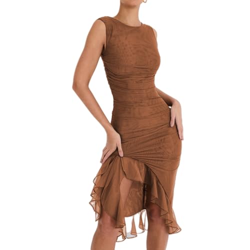 owsber Vestido sin mangas para mujer, casual, cuello redondo, ajustado, abertura alta, vestido de fiesta de verano, Marrón, M