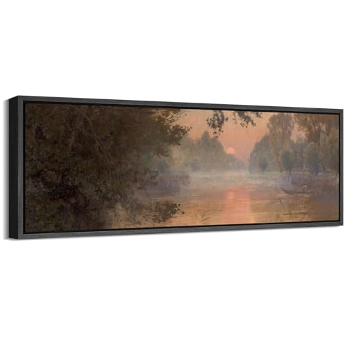 Image of MUDECOR Large Framed Canvas Print Wall Art Serene River Sunset Reflection Soft Nature Landscape Antique Retro Ready to Hang Painting for Living Room Bedroom Multi-Sizes - 60 inchx20 inch
