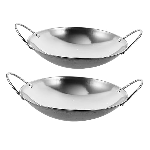 Wok de acero inoxidable doble mango fondo plano 2 piezas