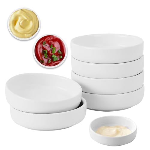 Platos de Cerámica para Salsa de Soja, 6 Piezas Redonda Plato de Vinagre, 9 x 9 x 2,4 cm Cuencos de Cerámica para Salsas, Cuencos de Postre, Mini Cuenco de Inmersión, para Condimentos(Blanco)