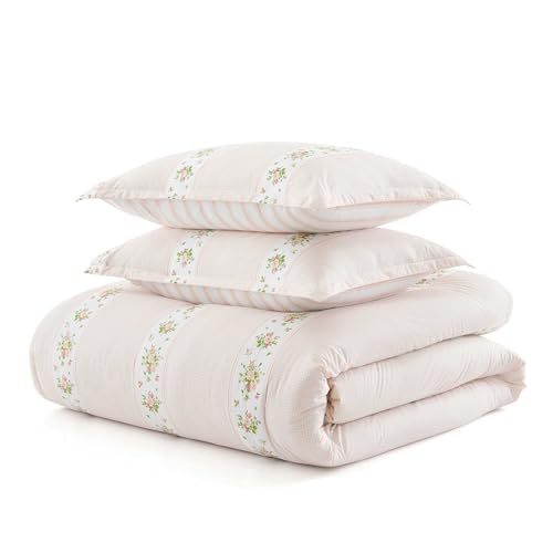 Image of Martha Stewart - King Comforter Set, 100% Cotton Reversible Bedding with Matching Pillowcases, Lightweight Bed Set, Floral Stripe Cottage Decor (Annabelle Pink)