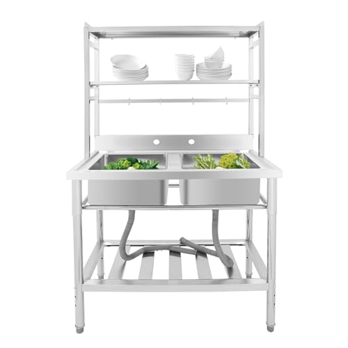 JAYGOVAN 2-Compartment Commercial Sink with Shelves Over & Drying Rack Underneath,304 Stainless Steel Sink with Drain Freestanding Utility Sink for Laundry Room, Restaurant - 35.4''×21.2''×67.7''