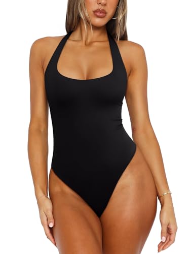 REORIA Womens Backless Halter Bodysuit Deep Scoop Neck Double Lined Sleeveless Tops Going Out Outfits Black Small