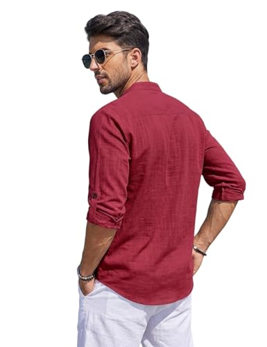 Image of Men's Cotton Blend Straight Kurta Shirt Combo with Mandarin Collar - Slim Fit Casual Short Kurti Set Featuring Textured Slub Fabric and Roll-Up Full Sleeves
