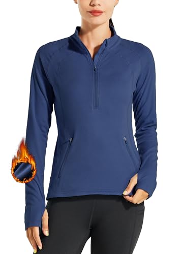 Willit Women'S Fleece Running Jacket Pullover Thermal Equestrian Shirt Golf Shirt Long Sleeve Half Zip Exercise Winter Gear Navy Blue L