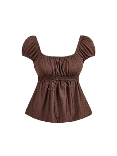 SOLY HUX Women's Square Neck Short Sleeve Peplum Tops Cute Summer Blouse for Teen Girls Babydoll Top T Shirt Pure Brown Medium