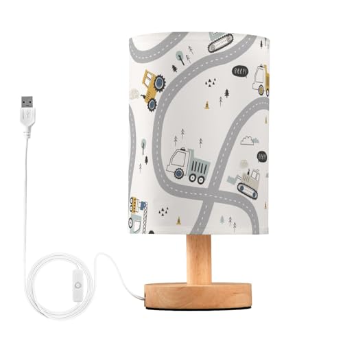 Mnsruu Bedside Lamp Boho Cars Truck Tractor Bulldozer Excavator Table Lamp LED Nightstand Desk Lamp USB Charging Ports Linen Fabric Shade for Bedroom Living Room Office