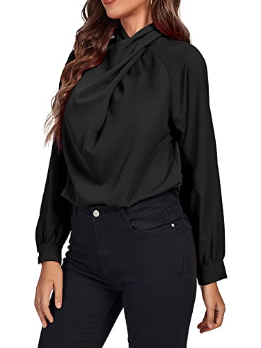 Lyaner Women's Mock Neck Button Back Long Sleeve Elegant Office Work Blouse Shirt Top Black X-Large #TOP2