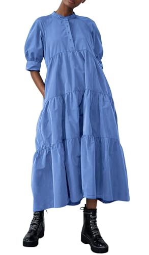 Image of chouyatou Women's Summer Puff Sleeve Maxi Tiered Babydoll Dress Casual A-Line Swing Long Shirt Dress