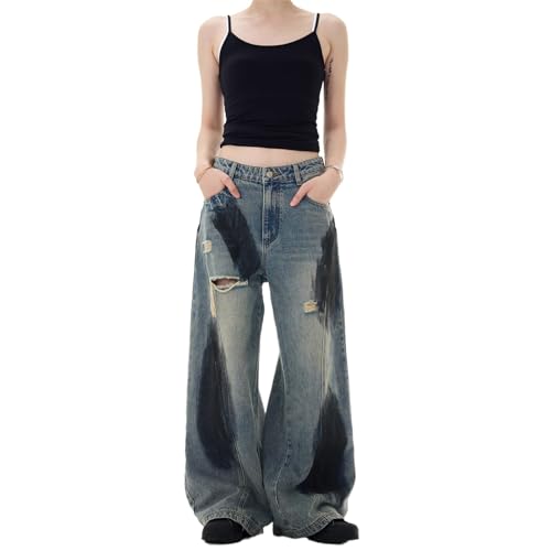 GUOYUXIAO Men's Jeans Summer high-Street Distressed Denim Pants Loose Straight-Leg Wide-Leg Trouser for Men