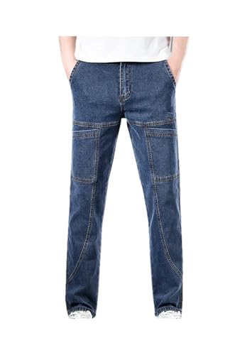 Mnjyihy Men Summerjeans Multi-Pocket Splicing Straight-Leg Denim Trousers Double Knee Denim Cargo Pants