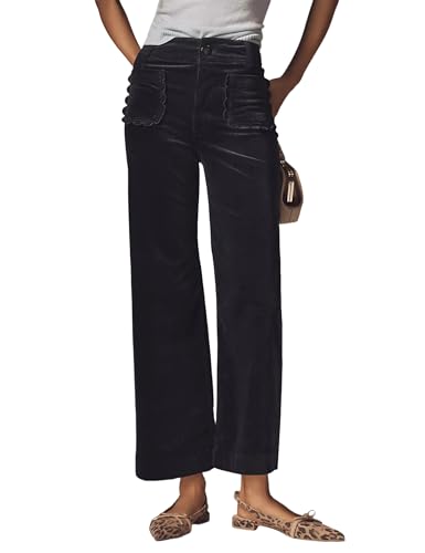 Women Corduroy Wide Leg Pants 2025 Fall Fashion Casual Button Down High Elastic Waist Trousers with Scalloped Pockets