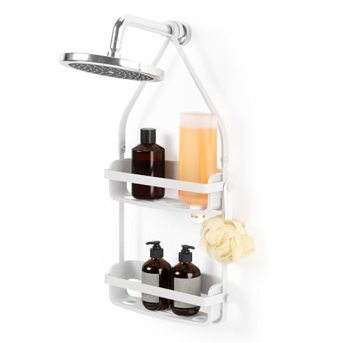 Umbra Flex Hanging Shower Caddy with 2 Shelves, Bathtub Shelf and Bathroom Organizer, White
