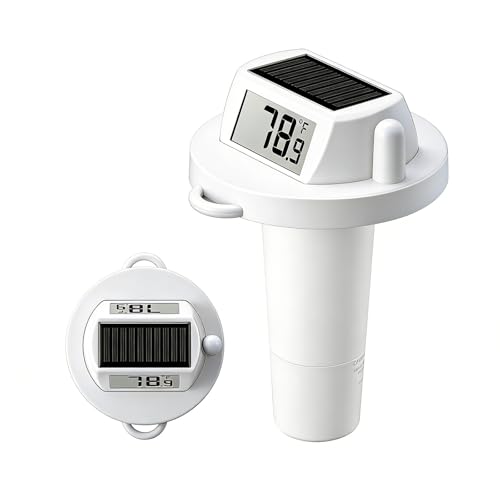 Image of Pool Thermometer Floating, Digital Swimming Pool Thermometer, IPX8 Waterproof with Double Sided Display for Pond, Hot Tub, Aquarium (Solar Powered, White)