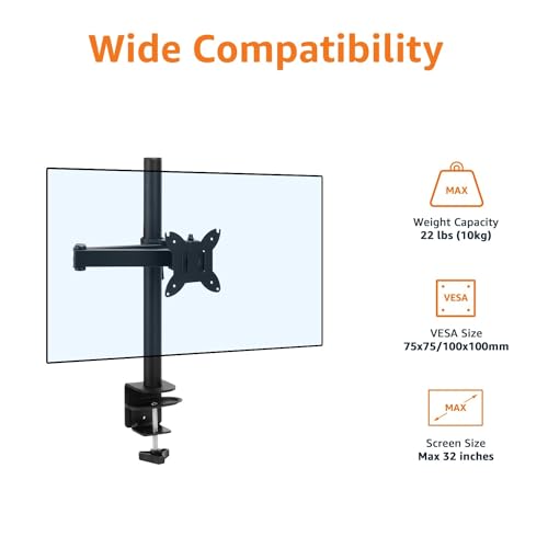 Image of Amazon Basics Adjustable Single Monitor Arm Desk Mount, Holds up to 32 inch (38 inch Ultrawide) and 22 lbs, Adjustable Tension, VESA 75x75 /100x100, Black