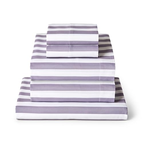 Image of Mellanni Split King Sheets Set - 5 PC Iconic Collection Bedding | Hotel Luxury, Extra Soft, Cooling Bed Sheets - Wrinkle, Fade, Stain Resistant (Split King, Oxford Stripe Hazy Lilac)